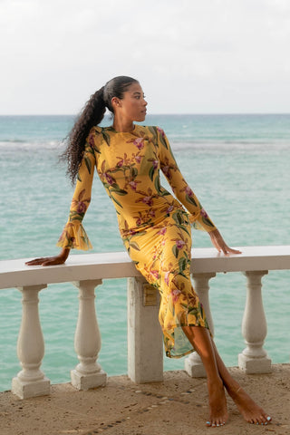 amari gold floral mesh dress High Slit Sleeveless Cowl Neck, Feeling Floral Mesh Maxi Dress in Yellow,  Size XS